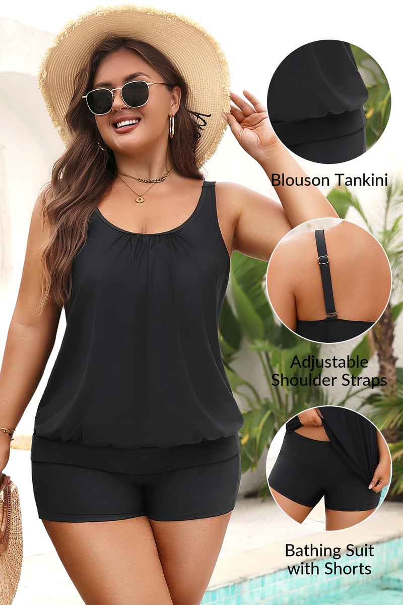 Yonique Plus Size Tankini Swimsuits for Women Blouson Tankini Tops with Swim Shorts Two Piece Bathing Suits Black 18 Plus - Image 5